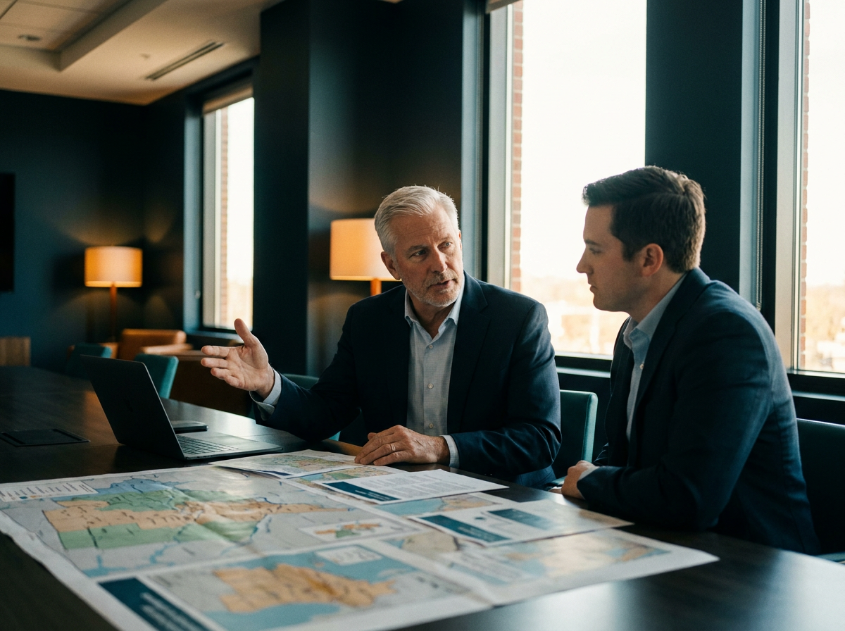 Two economic development professionals reviewing regional maps and reports during a leadership handoff meeting