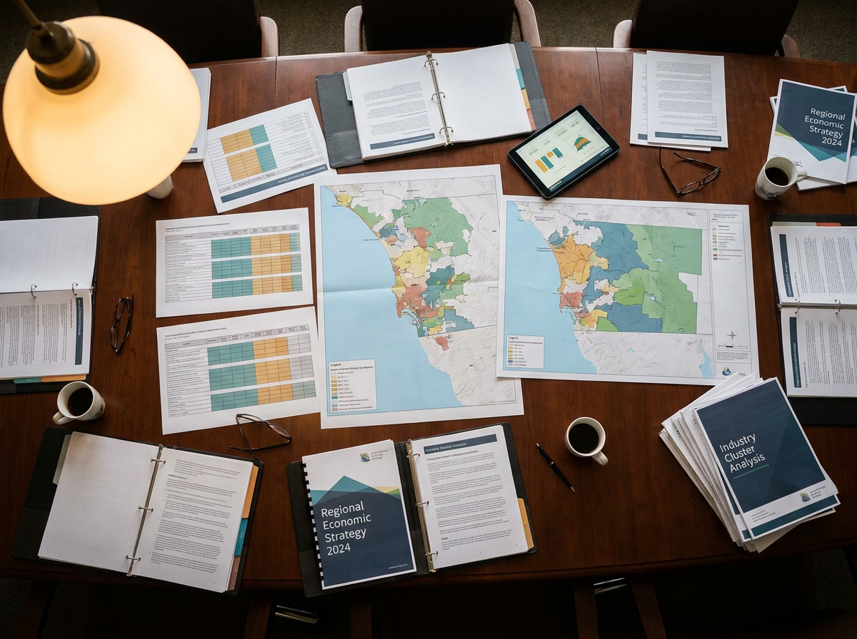 Strategic planning table with regional maps and scoring matrices for industry targeting